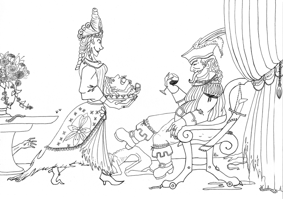 Zwei Ghule bei einem Festmahl in barocker Kleidung.