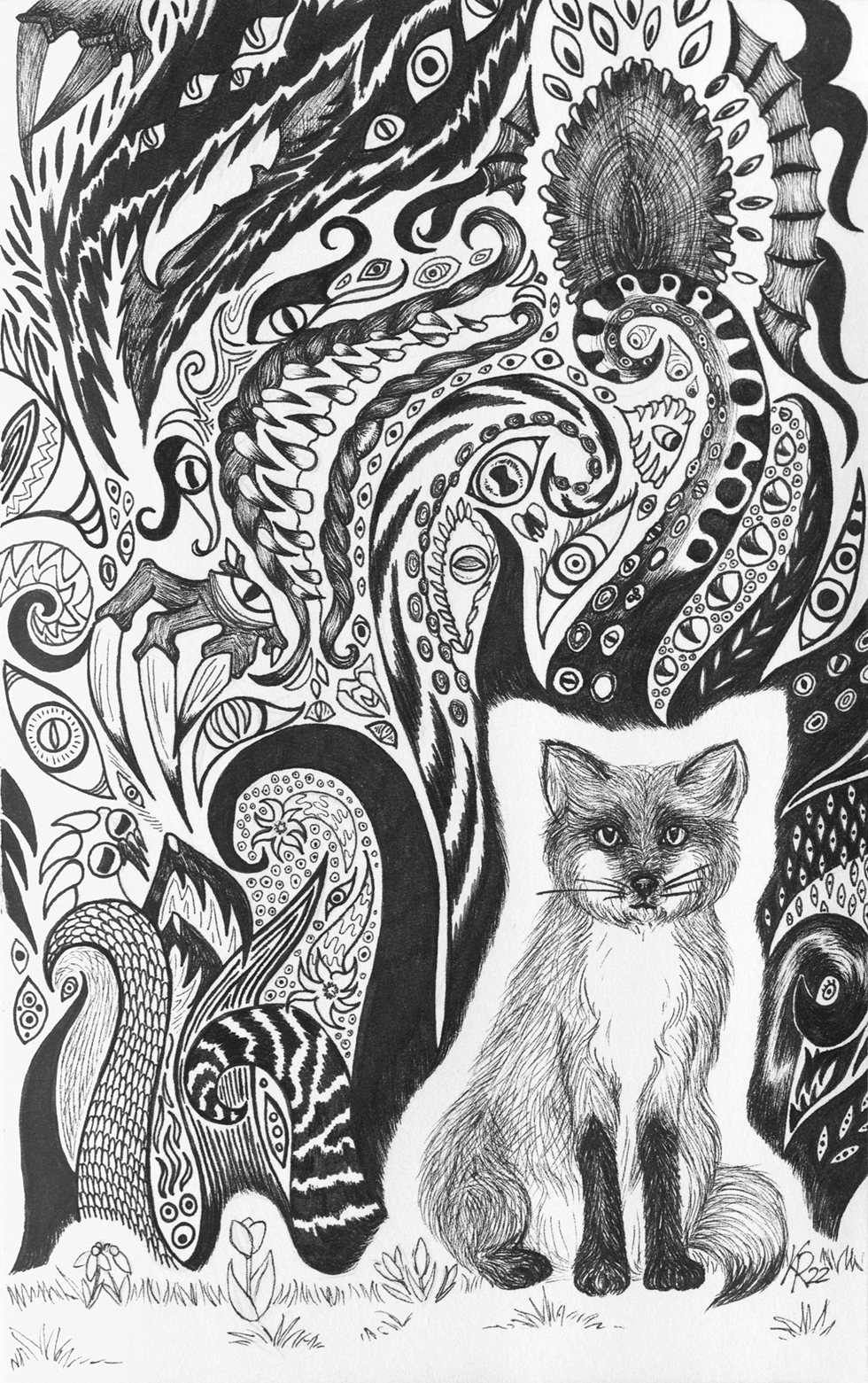 Ein Fuchs auf einer Wiese. Im Hintergrund Augen, Monster und Tentakel.