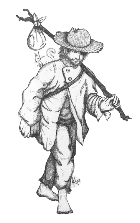 Ein Vagabund mit Bündel am Stab und einem Eichhörnchen auf der Schulter.