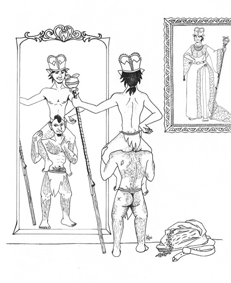 Ein Goblin auf den Schultern eines anderen Goblin wie er sich im Spiegel betrachtet.