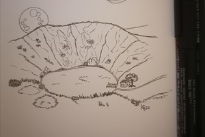 Ein See der sich aus einem Krater bildete. Ein Haus steht am Rand.