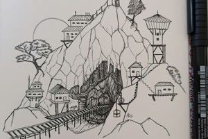 Ein Berg mit einer riesigen Höhle. Eine Siedlung befindet sich am Hang.